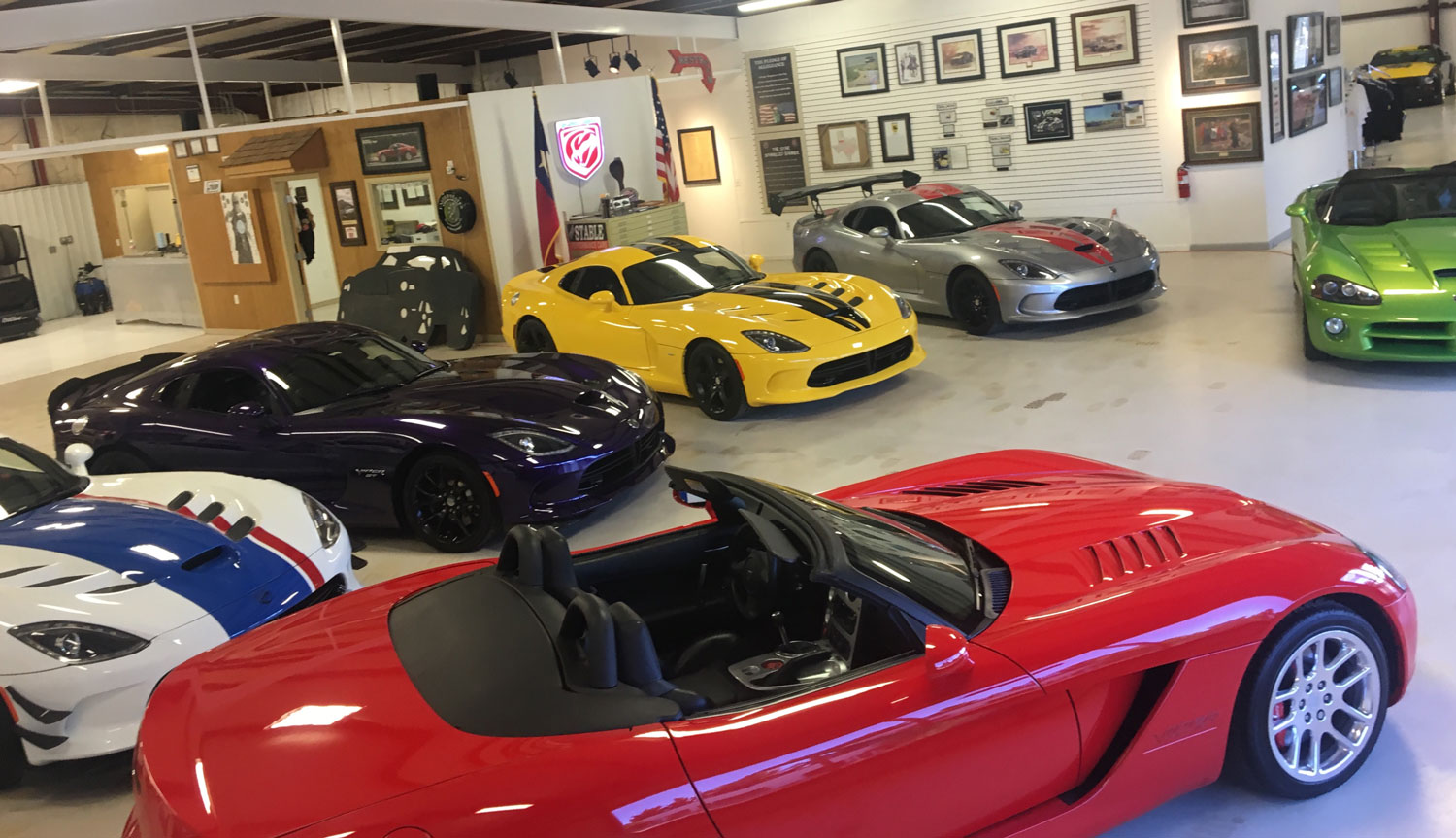 A group of Dodge Vipers at The Stable Performance Cars in Alpine TX