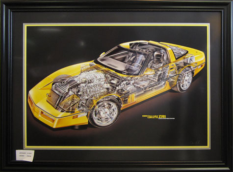 Detailed cutaway drawing of a Corvette by David Kimble on sale at The Stable Performance Cars in Alpine, TX
