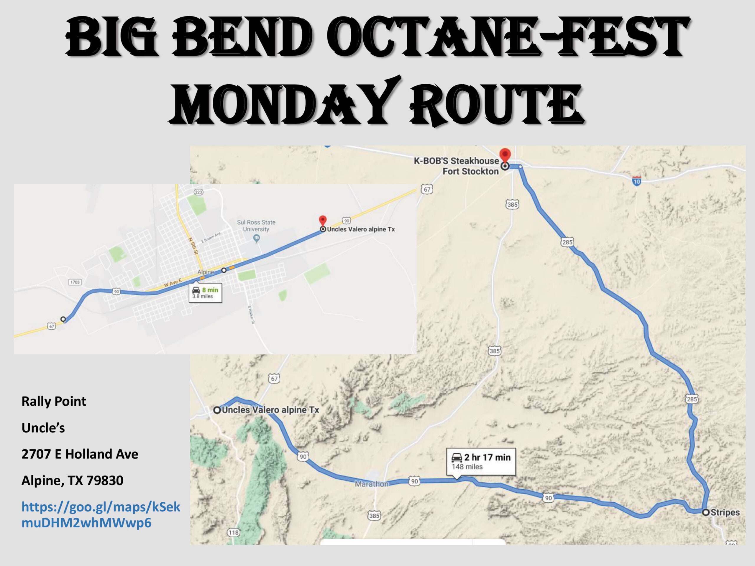 Map of the Big Bend Octane Fest Monday Route.