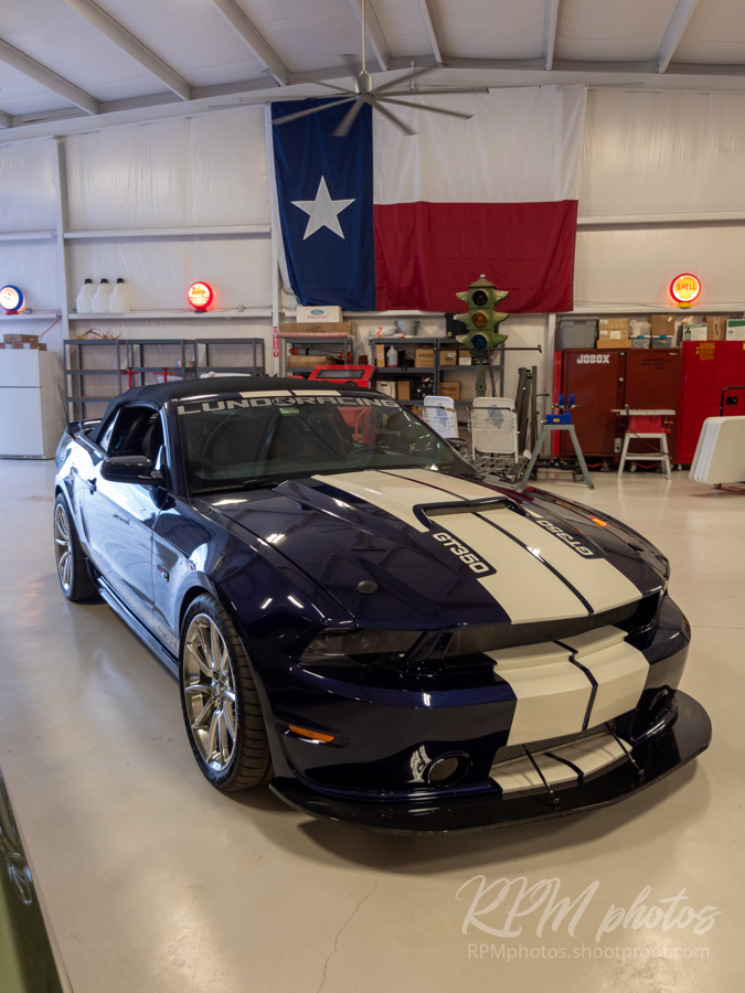 Dark blue Mustang GT350 on display at The Stable Performance Cars in Alpine Texas.