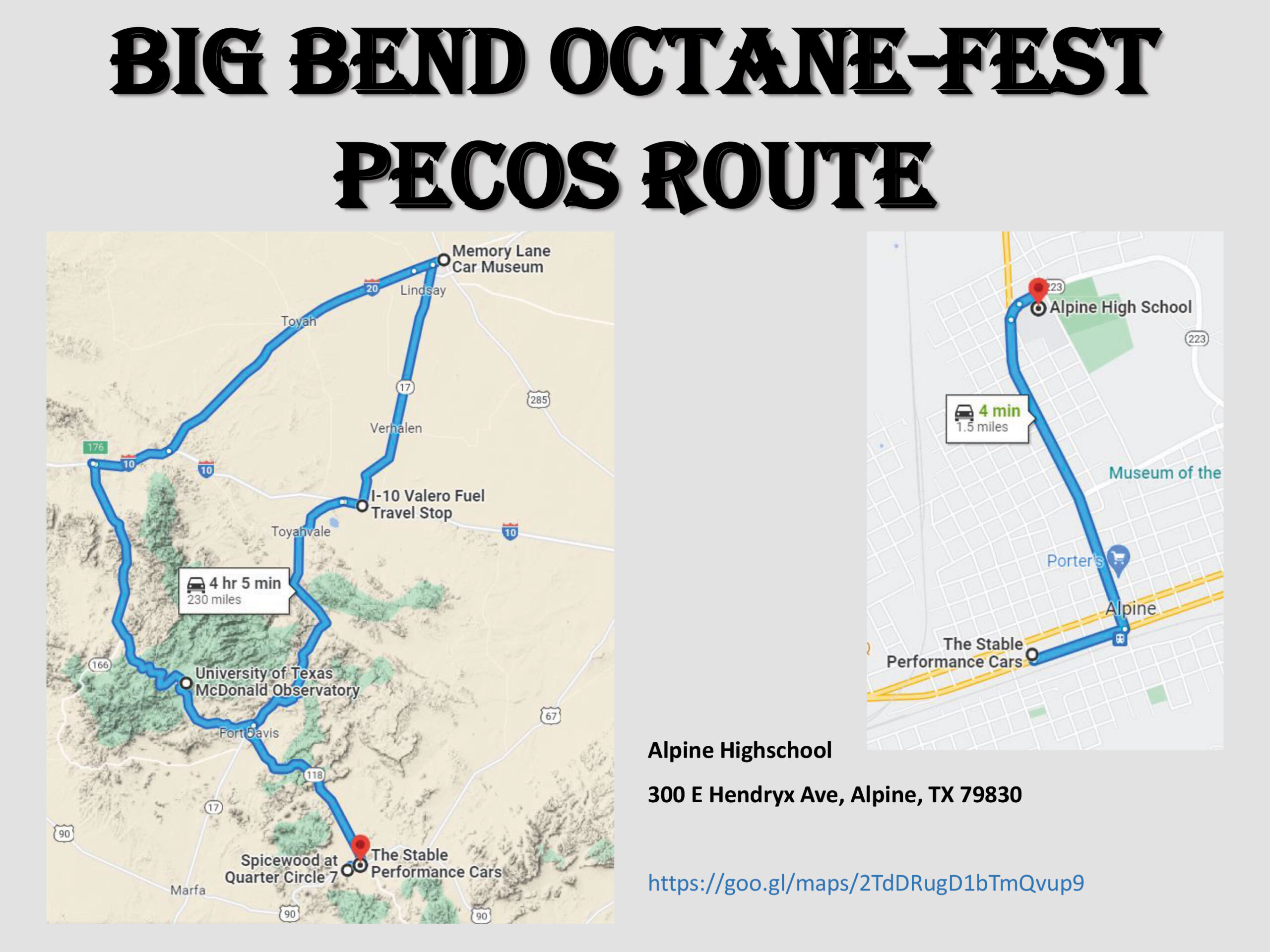 Map of the Big Bend Octane Fest Pecos Route.