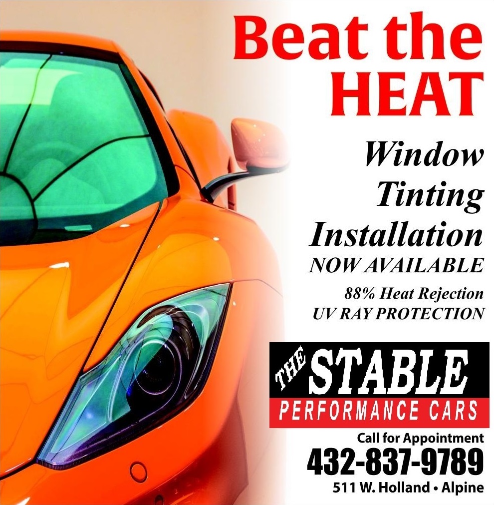Window tinting graphic for services at The Stable Performance Cars in Alpine, TX
